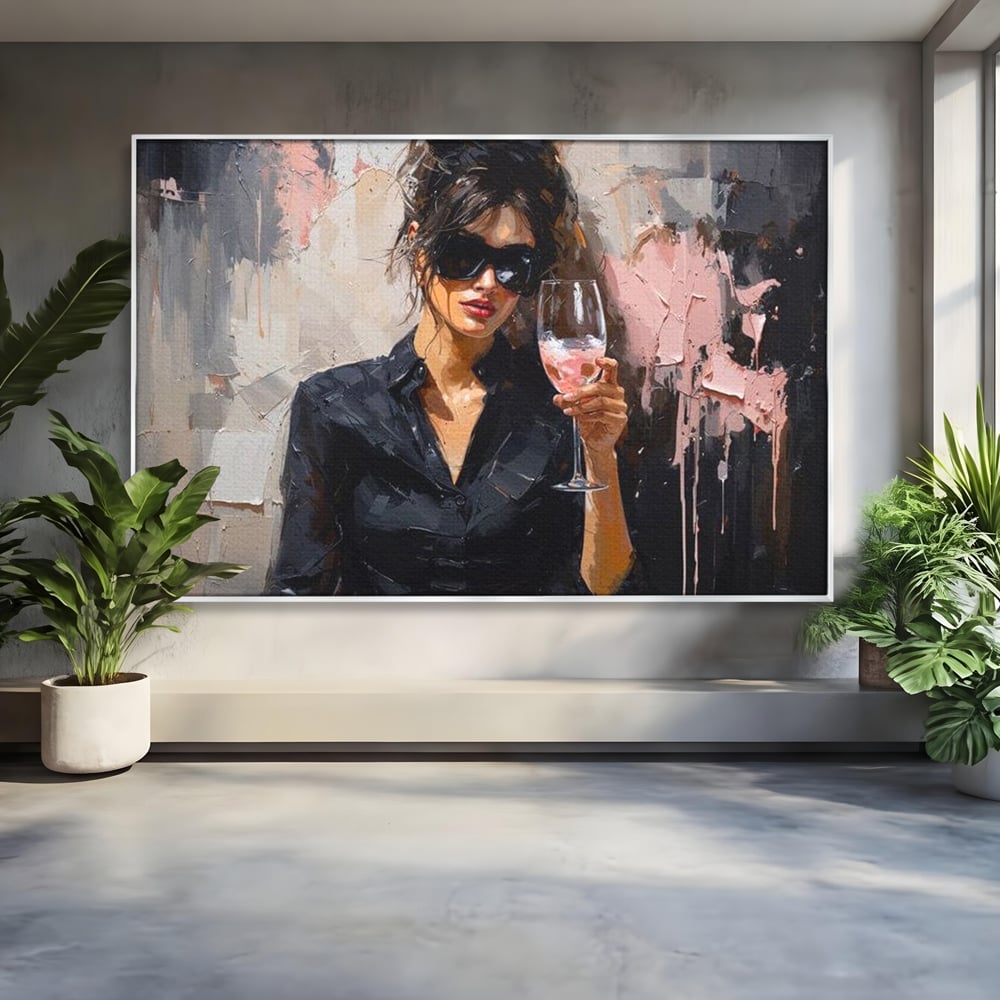 Tablou canvas cu tablou canvas cu femeie si pahar de vin, in rama de aluminiu argintiu